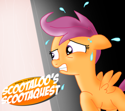 Size: 1280x1138 | Tagged: safe, artist:ajmstudios, scootaloo, g4, fear, female, nose wrinkle, scared, scootaloo's scootaquest, solo, teaser