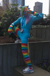 Size: 2022x3040 | Tagged: artist needed, safe, rainbow dash, human, g4, clothes, cosplay, irl, irl human, photo, pony coloring, rainbow socks, sakura con, socks, solo, striped socks, wat