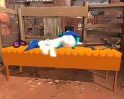 Size: 1280x1024 | Tagged: safe, dj pon-3, vinyl scratch, pony, unicorn, g4, 3d, crossbow, crusader's crossbow, diamondback, female, glasses, gmod, gun, handgun, lying down, mare, on side, revolver, sleeping, solo, table, team fortress 2, weapon