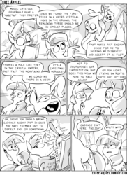 Size: 944x1294 | Tagged: safe, artist:capnpea, fluttershy, pinkie pie, rainbow dash, rarity, shining armor, twilight sparkle, alicorn, earth pony, pegasus, pony, unicorn, comic:three apples, g4, book, comic, female, fourth wall, male, mare, monochrome, stallion, twilight sparkle (alicorn), upside down