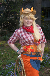 Size: 2022x3040 | Tagged: safe, artist:katiebobbaseball11, applejack, human, g4, bandana, chaps, cosplay, irl, irl human, photo, rope, sakura con, solo