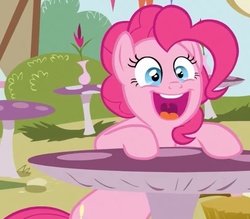 Size: 677x592 | Tagged: safe, screencap, pinkie pie, g4, too many pinkie pies, cropped, faic, female, mushroom table, ponyville, solo