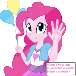 Size: 1024x1024 | Tagged: safe, artist:greeny-nyte, pinkie pie, equestria girls, g4, against glass, balloon, clothes, dialogue, female, fourth wall, jacket, shirt, skirt, solo, vest