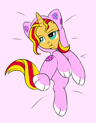Size: 600x767 | Tagged: safe, artist:xioade, sunset shimmer, cat, pony, unicorn, g4, :t, bed, cat costume, cat's pajamas, clothes, costume, female, footed sleeper, kigurumi, nyanset shimmer, pajamas, pouting, solo
