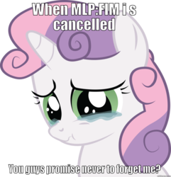 Size: 877x911 | Tagged: safe, sweetie belle, g4, bronybait, crying, depressing in hindsight, end of ponies, feels, female, image macro, in-universe pegasister, sad, sad in hindsight, scrunchy face, simple background, solo, title drop, transparent background, vector