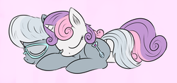 Size: 1000x471 | Tagged: safe, artist:xioade, silver spoon, sweetie belle, g4, female, hug, lesbian, pony pile, ship:silverbelle, shipping, sleeping, snuggling