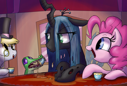 Size: 2856x1941 | Tagged: safe, artist:professor-ponyarity, derpy hooves, gummy, pinkie pie, queen chrysalis, pegasus, pony, g4, classy, eating, female, hat, mare, messy, monocle, table, tea party, top hat