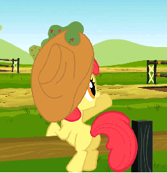 Size: 522x540 | Tagged: safe, screencap, apple bloom, earth pony, pony, g4, season 2, the last roundup, accessory swap, adorabloom, animated, butt, cute, female, gif, hat, leaning, open mouth, plot, smiling, solo, waving