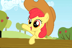 Size: 803x540 | Tagged: safe, screencap, apple bloom, earth pony, pony, g4, season 2, the last roundup, :q, accessory swap, adorabloom, animated, applejack's hat, bipedal, cheering, cute, female, fence, filly, frown, gif, gritted teeth, hat, mawshot, open mouth, smiling, solo, tongue out, uvula, volumetric mouth, waving, wide eyes