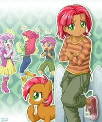Size: 900x1071 | Tagged: safe, artist:uotapo, apple bloom, babs seed, scootaloo, sweetie belle, earth pony, human, pony, equestria girls, g4, adorababs, boots, clothes, converse, crusaderbetes, cute, cutie mark crusaders, equestria girls-ified, female, filly, foal, frown, happy, human ponidox, loop-de-hoop, open mouth, self ponidox, shoes, skirt, smiling, sneakers, uotapo is trying to murder us