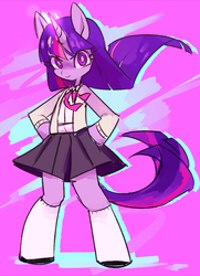 Size: 500x692 | Tagged: dead source, safe, artist:ghostier, twilight sparkle, pony, unicorn, semi-anthro, g4, bipedal, bow, cardigan, clothes, female, looking at you, pleated skirt, school uniform, skirt, socks, solo, unicorn twilight