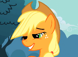Size: 740x540 | Tagged: safe, screencap, applejack, earth pony, pony, g4, season 2, the last roundup, animated, applejack's hat, cowboy hat, female, gif, hat, hat tip, mare, solo