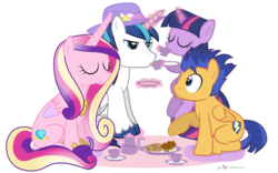 Size: 1350x840 | Tagged: safe, artist:dm29, flash sentry, princess cadance, shining armor, twilight sparkle, alicorn, pegasus, pony, unicorn, g4, confused, disappointed, eyes closed, glare, hat, overprotective, overprotective armor, raised hoof, simple background, tea, tea party, transparent background