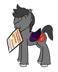 Size: 684x849 | Tagged: safe, artist:da bunnana king, oc, oc only, oc:aux, bat pony, pony, 4chan, 4chan gold account, ^^, eyes closed, fangs, folded wings, gold membership trolling, happy, mouth hold, simple background, smiling, solo, unshorn fetlocks, white background, wings