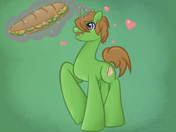 Size: 1024x768 | Tagged: safe, artist:kiki-bunni, pony, heart, magic, ponified, sandwich, scooby-doo!, shaggy rogers, solo