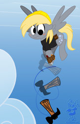 Size: 600x927 | Tagged: safe, artist:bunnimation, derpy hooves, pegasus, pony, g4, clothes, female, flying, hammer, hat, sky, solo
