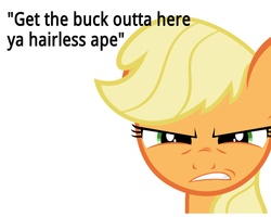 Size: 5000x4000 | Tagged: safe, edit, edited screencap, screencap, applejack, earth pony, pony, g4, anti-bronybait, female, hatless, image macro, looking at you, mare, missing accessory, out of character, racism, simple background, solo, text, white background