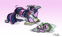 Size: 1957x1173 | Tagged: safe, artist:mad munchkin, spike, twilight sparkle, g4, annoyed, book, messy mane, pillow, rage, sleeping, snoring, traditional art