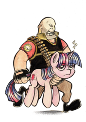 Size: 500x708 | Tagged: safe, artist:uglyapple, twilight sparkle, human, pony, unicorn, g4, behaving like a weapon, crossover, heavy (tf2), heavy weapons guy, holding a pony, running, smoke, team fortress 2, traditional art, twigun, unamused
