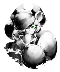 Size: 570x690 | Tagged: safe, artist:0r0ch1, applejack, g4, black and white, female, grayscale, hair over one eye, monochrome, neo noir, partial color, solo