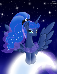Size: 1852x2399 | Tagged: safe, artist:aurora69rainbow, princess luna, g4, alternate hairstyle, female, high ponytail, long hair, moon, ponytail, solo, stars, tangible heavenly object