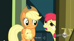 Size: 640x355 | Tagged: safe, screencap, apple bloom, applejack, g4, one bad apple, ban, meme, youtube caption