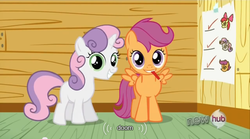 Size: 640x355 | Tagged: safe, edited screencap, screencap, scootaloo, sweetie belle, g4, one bad apple, caption, doom, meme, youtube caption