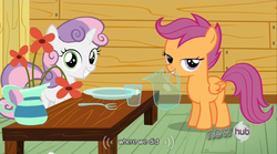 Size: 640x355 | Tagged: safe, edited screencap, screencap, scootaloo, sweetie belle, g4, one bad apple, caption, meme, youtube caption