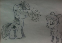 Size: 1216x844 | Tagged: safe, artist:funkyfreshraymo, apple bloom, twilight sparkle, pony, unicorn, g4, female, filly, foal, implied foalcon, innuendo, levitation, magic, mare, monochrome, sketch, telekinesis, the d