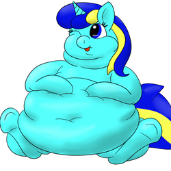 Size: 1000x1000 | Tagged: safe, artist:watertimdragon, oc, oc only, oc:jester bells, belly, fat, morbidly obese, obese, solo, wink