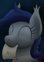 Size: 752x1063 | Tagged: safe, artist:darkhestur, oc, oc only, oc:echo, bat pony, pony, bust, eyelashes, eyes closed, female, happy, hi, mare, mouth hold, smiling, solo