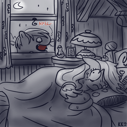 Size: 800x800 | Tagged: safe, artist:king-kakapo, applejack, earth pony, pony, g4, apple, bed, food, lamp, monochrome, monster, moon, night, partial color, window