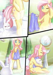 Size: 1850x2620 | Tagged: safe, artist:3mangos, angel bunny, fluttershy, pony, semi-anthro, g4, bathroom, bipedal, comic, cute, eyes closed, fluttermom, hind legs, hug, legs together, lucky bastard, naked towel, open mouth, shower, shyabetes, smiling, steam, towel, wink