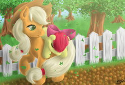 Size: 1000x685 | Tagged: safe, artist:robbergon, apple bloom, applejack, g4, carrying