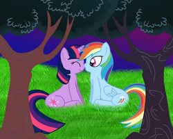 Size: 999x799 | Tagged: safe, artist:intet22, rainbow dash, twilight sparkle, pegasus, pony, g4, duo, eyes closed, female, kissing, lesbian, mare, ship:twidash, shipping, smiling, tree