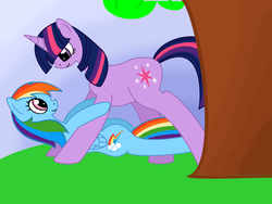 Size: 1024x768 | Tagged: safe, artist:intet22, rainbow dash, twilight sparkle, g4, female, lesbian, ship:twidash, shipping, tree