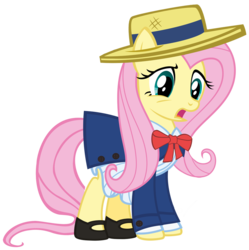 Size: 900x902 | Tagged: safe, artist:pixelkitties, fluttershy, pegasus, pony, g4, andrea libman, clothes, coat, dress, female, hat, madeline, mary janes, simple background, solo, transparent background, voice actor joke