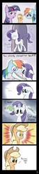 Size: 2200x9800 | Tagged: safe, artist:heir-of-rick, applejack, rarity, twilight sparkle, earth pony, pegasus, pony, unicorn, comic:applejack's poison joke adventure, g4, clothes, comic, duckface, glowing horn, hat, horn, magic, telekinesis, unicorn twilight