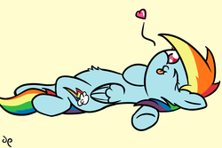 Size: 3000x2000 | Tagged: safe, artist:doggonepony, rainbow dash, pegasus, pony, g4, bellyrubs, cute, dashabetes, female, heart, lying down, on back, one eye closed, simple background, solo, wink, yellow background