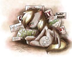 Size: 5106x4068 | Tagged: safe, artist:midnameowfries, derpy hooves, pegasus, pony, g4, absurd resolution, bullying, crying, female, mare, muffin, sad, sign, solo, teasing
