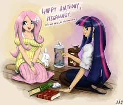 Size: 1280x1084 | Tagged: safe, artist:king-kakapo, angel bunny, fluttershy, twilight sparkle, butterfly, human, g4, animal, birthday, clothes, humanized, megasweet, off shoulder, off shoulder sweater, pantyhose, short-sleeved sweater, sweater, sweatershy, traditional art