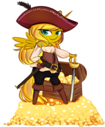 Size: 500x600 | Tagged: safe, artist:omgproductions, oc, oc only, oc:ticket, alicorn, pony, alicorn oc, bipedal, pirate, solo, sword, treasure, treasure chest