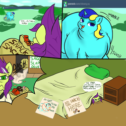 Size: 1280x1280 | Tagged: safe, artist:hell ray, oc, oc:jester bells, oc:zippy doo, earth pony, pony, unicorn, bed, bedroom eyes, butt, candy cane, chubby, cookie, fat, gi, impossibly large butt, jiggle, obese, plot, snacks, tumblr