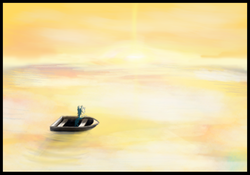 Size: 1024x717 | Tagged: safe, artist:aaronmk, lyra heartstrings, pony, unicorn, g4, boat, female, ocean, solo, sunset