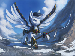 Size: 1024x768 | Tagged: safe, artist:grissaecrim, oc, oc only, pegasus, pony, armor, defending, glaive, mountain, polearm, snow, solo, weapon, wing armor