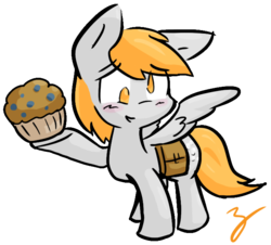 Size: 679x614 | Tagged: safe, artist:zutcha, derpy hooves, pegasus, pony, g4, blushing, female, mare, muffin, saddle bag, simple background, solo, transparent background