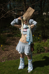 Size: 2022x3040 | Tagged: safe, artist:yamatanokaguya, derpy hooves, human, g4, bag on head, belly button, clothes, cosplay, irl, irl human, midriff, paper bag, paper bag wizard, photo, sakura con, skirt, solo