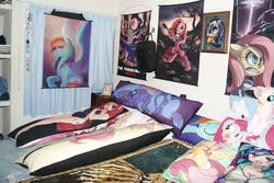 Size: 960x640 | Tagged: safe, fluttershy, octavia melody, pinkie pie, princess luna, rainbow dash, human, g4, bedroom, body pillow, humanized, irl, photo, poster, swag