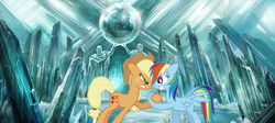 Size: 1280x574 | Tagged: safe, applejack, rainbow dash, g4, app-el, famous movie scene, fortress of solitude, general zod, male, pain, superman, superman 2, sweatdrop, zod