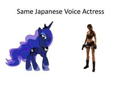 Size: 960x720 | Tagged: safe, princess luna, alicorn, pony, g4, dual pistols, exploitable meme, japanese, lara croft, meme, same voice actor, takako honda, tomb raider